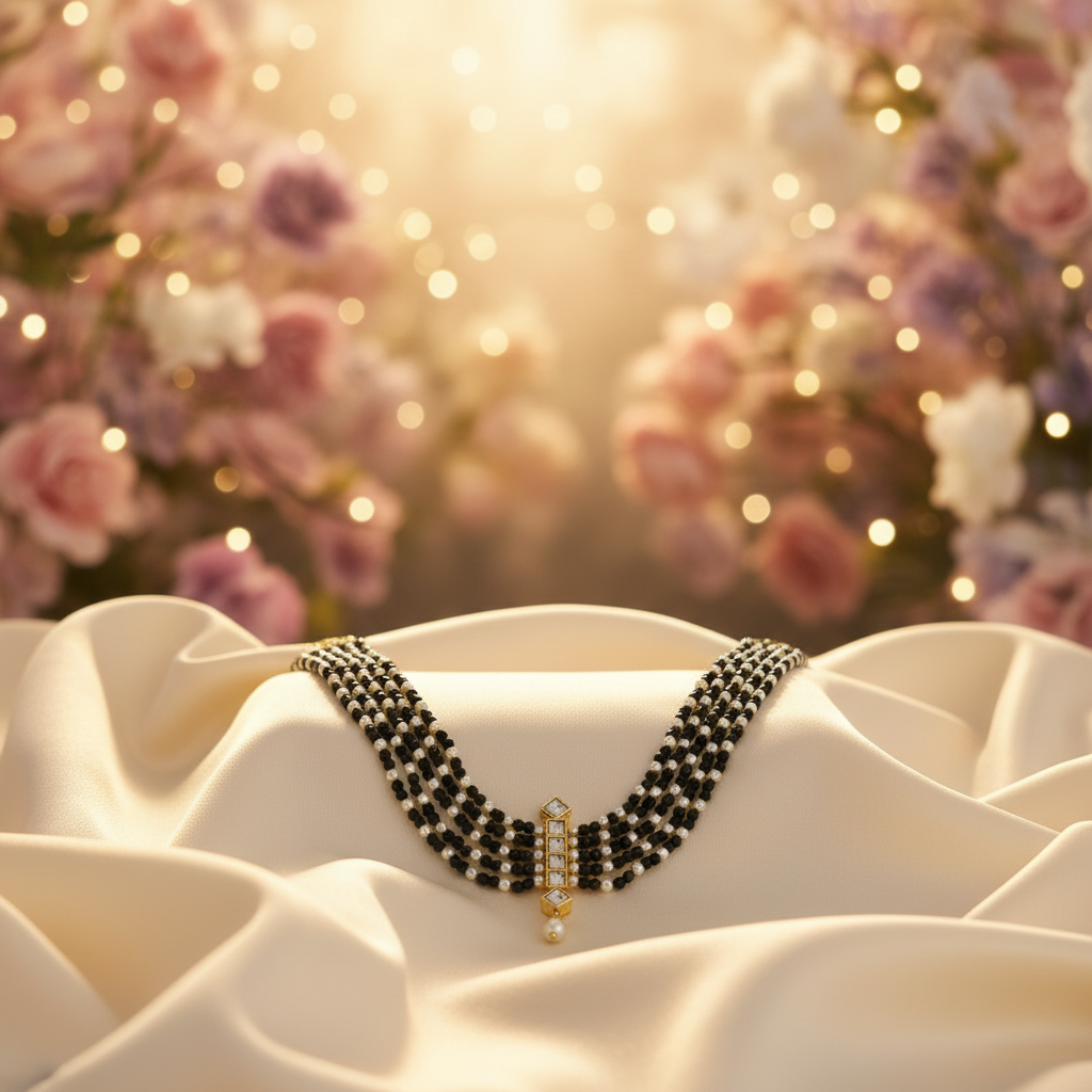 Black pearl necklace on silk with floral fairy background