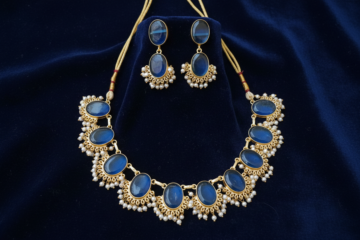 Blue Oval Stone Necklace Set with Pearl Drops (Copy)