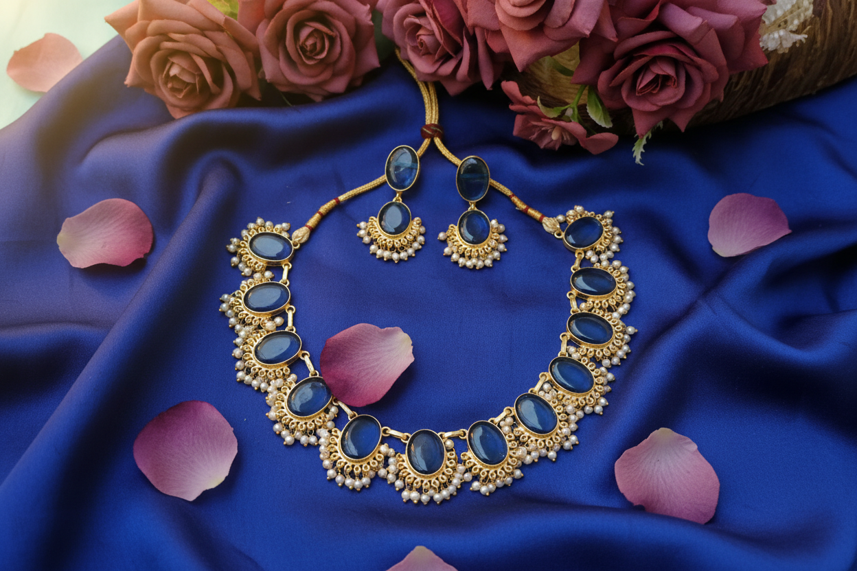 Blue Oval Stone Necklace Set with Pearl Drops (Copy)