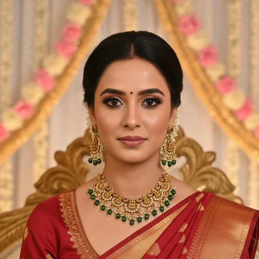 Lakshmi Temple Necklace Set with Emerald Green Beads, Ruby Stones & Chandbali Earrings