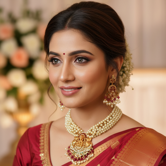 Lakshmi Temple Pearl Choker Necklace & Earrings Set