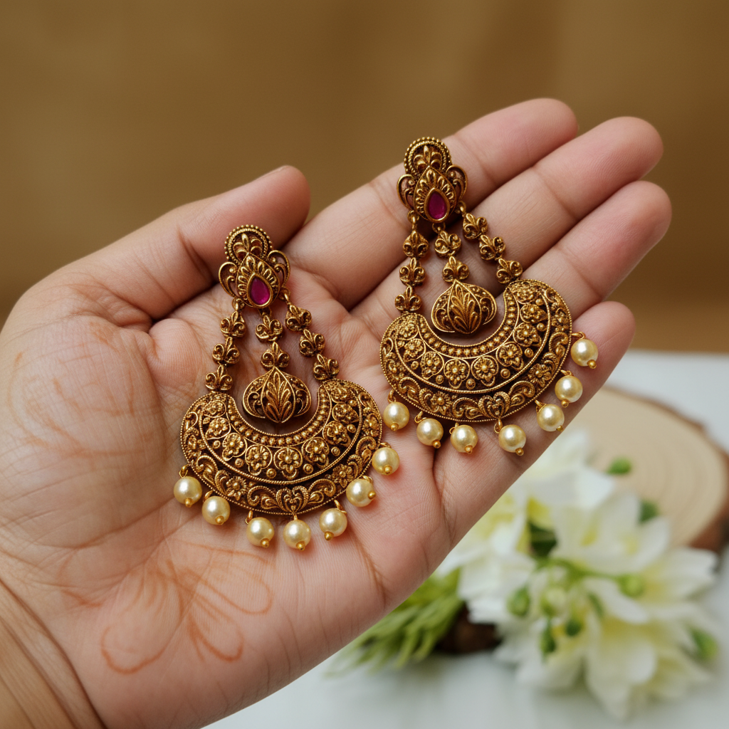 Title:&nbsp;Antique Gold Chandbali Earrings