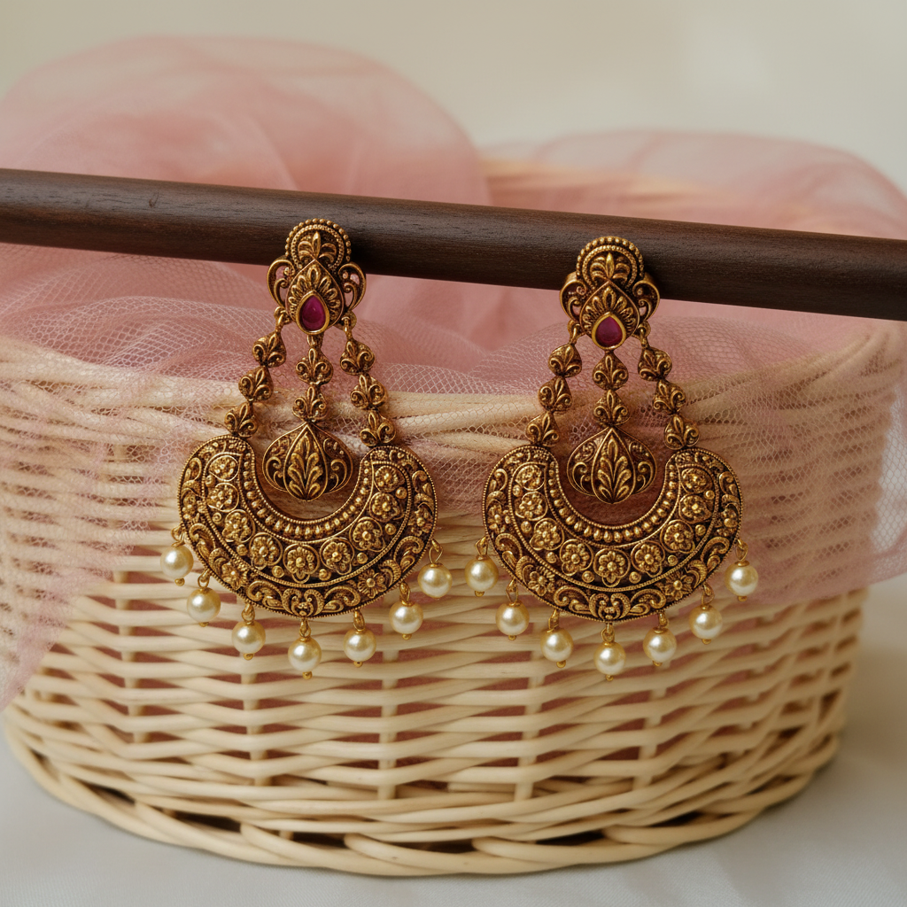 Title:&nbsp;Antique Gold Chandbali Earrings