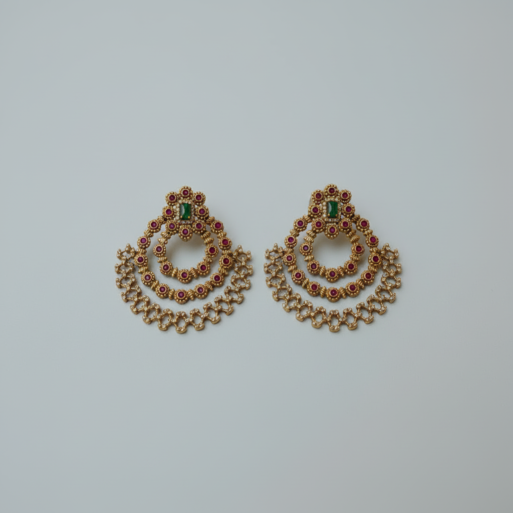 Ruby Emerald Layered Chandbali Earrings