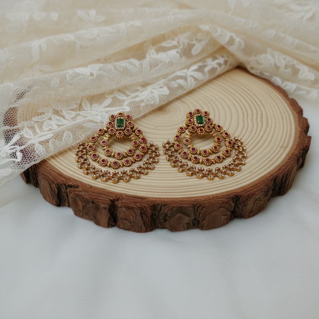 Ruby Emerald Layered Chandbali Earrings