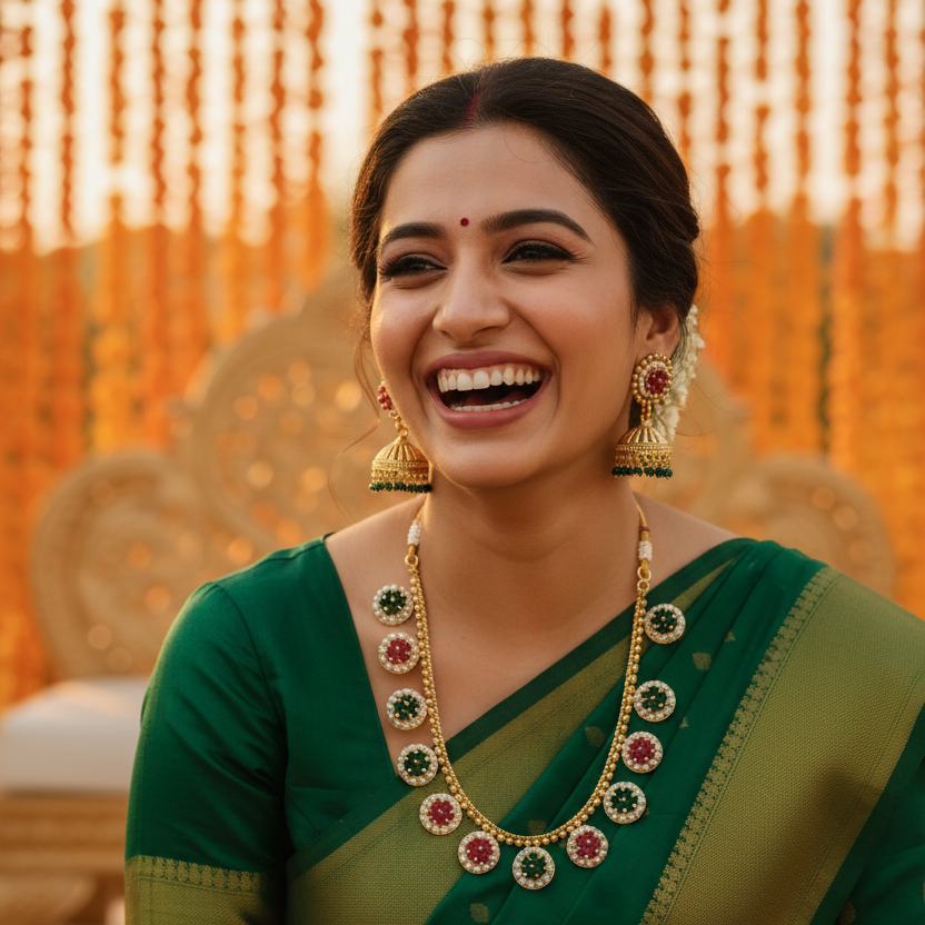 Ruby & Emerald Cluster Flower Necklace & Jhumka Earring Set with Pearl Border