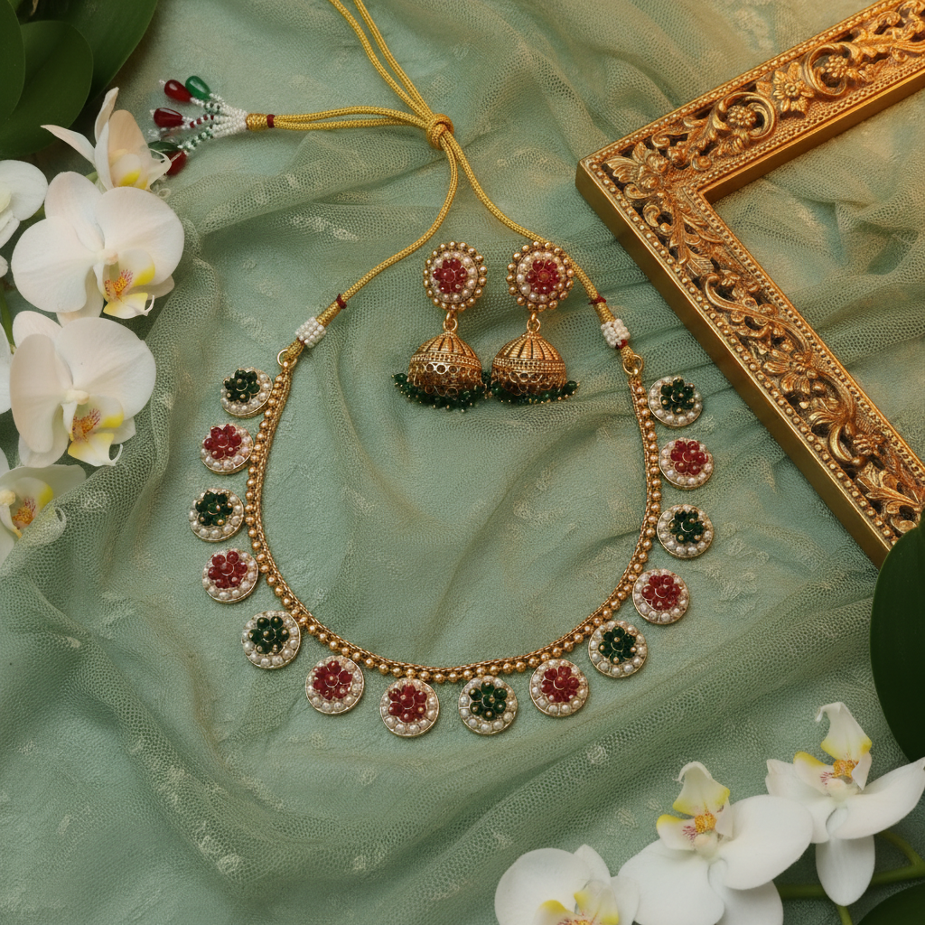 Ruby & Emerald Cluster Flower Necklace & Jhumka Earring Set with Pearl Border