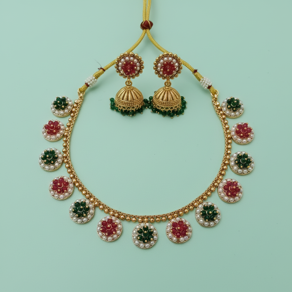Ruby & Emerald Cluster Flower Necklace & Jhumka Earring Set with Pearl Border