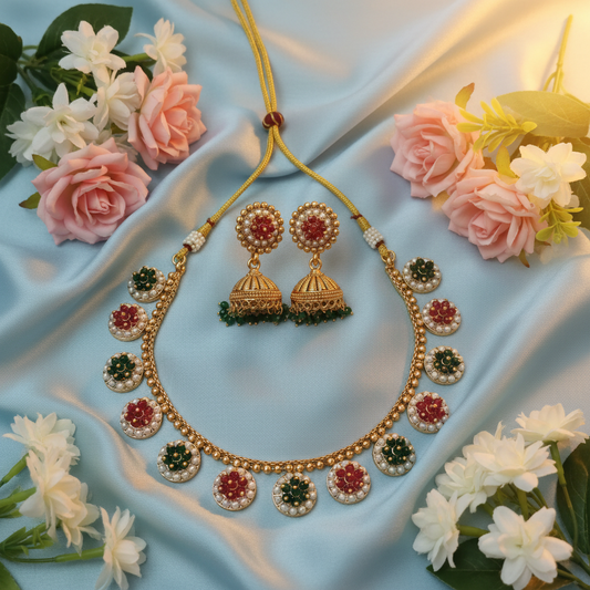 Ruby & Emerald Cluster Flower Necklace & Jhumka Earring Set with Pearl Border