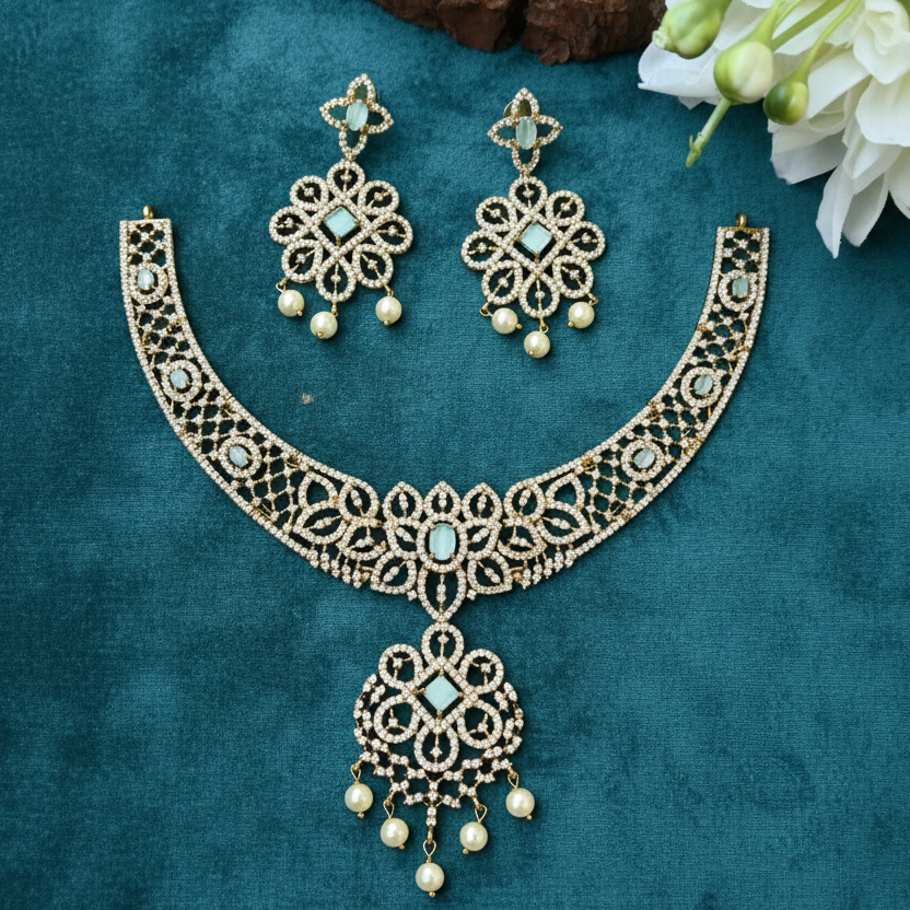 CZ Diamond Choker Necklace & Earrings Set – Mint Green Stone