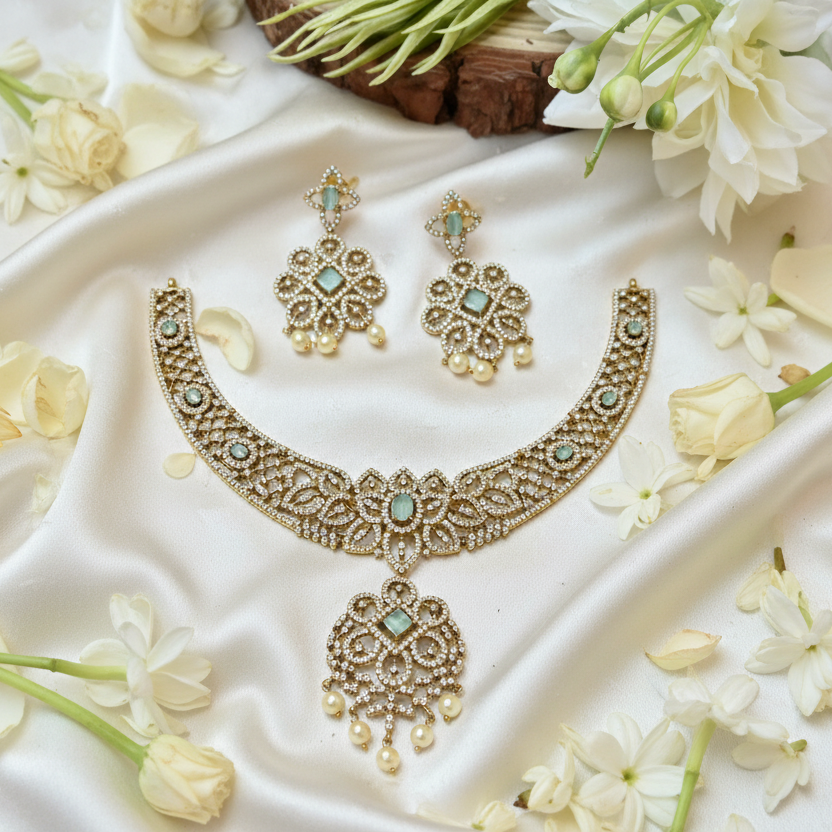 CZ Diamond Choker Necklace & Earrings Set – Mint Green Stone
