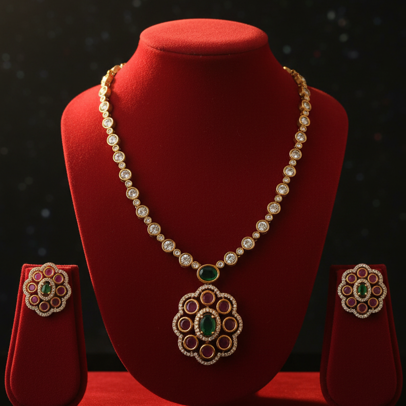 CZ Diamond Ruby Emerald Necklace Set | Antique Gold Bridal Jewellery