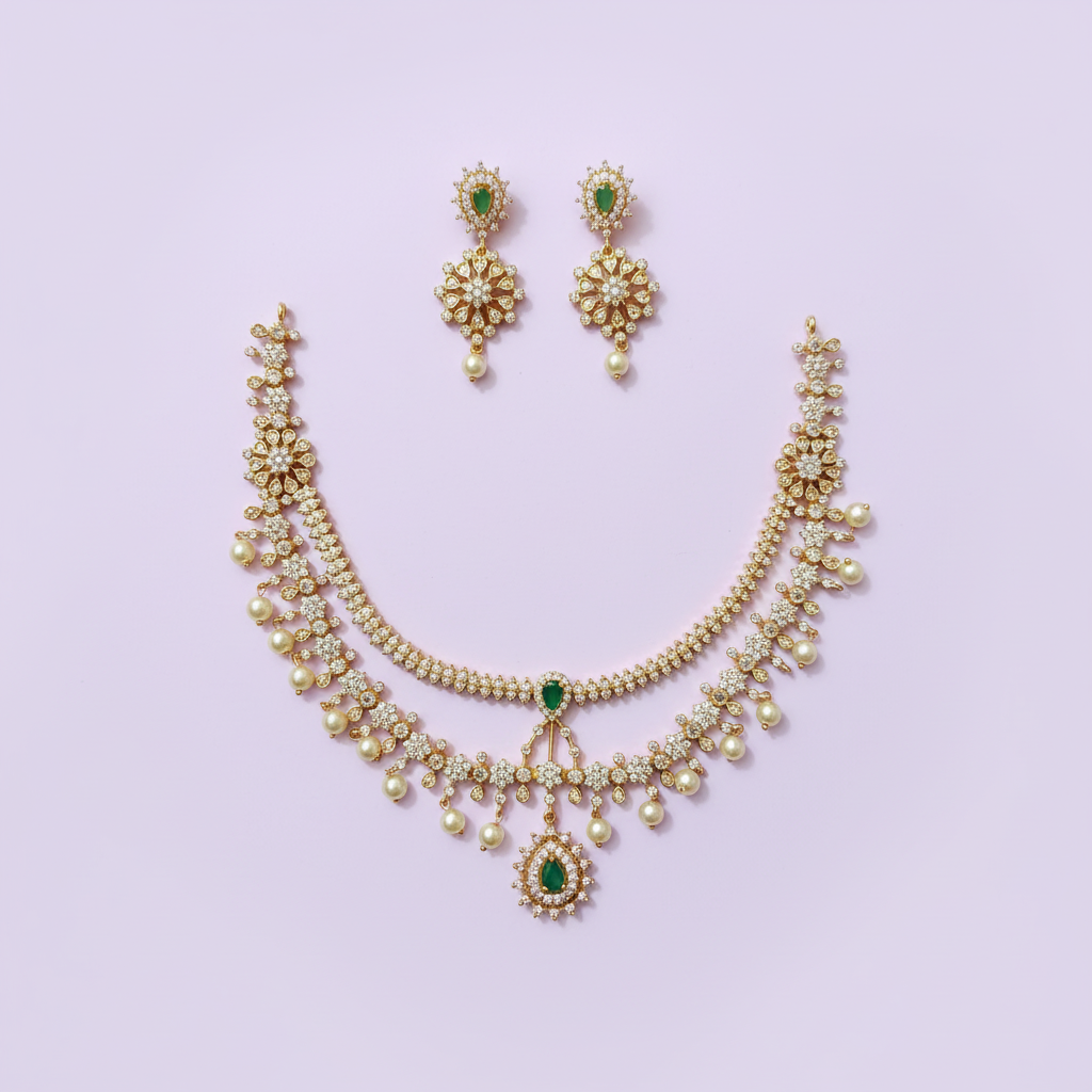 CZ Emerald Double Layer Pearl Drop Necklace Set