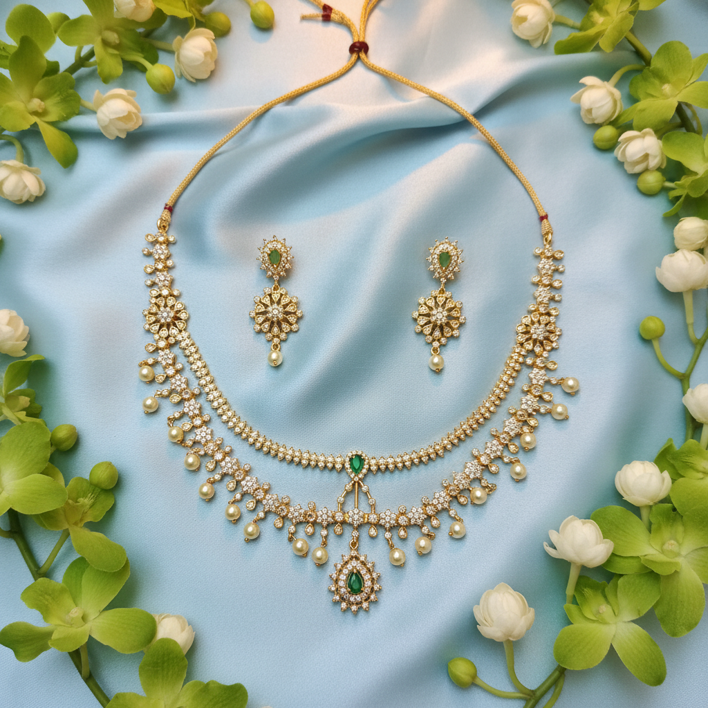CZ Emerald Double Layer Pearl Drop Necklace Set