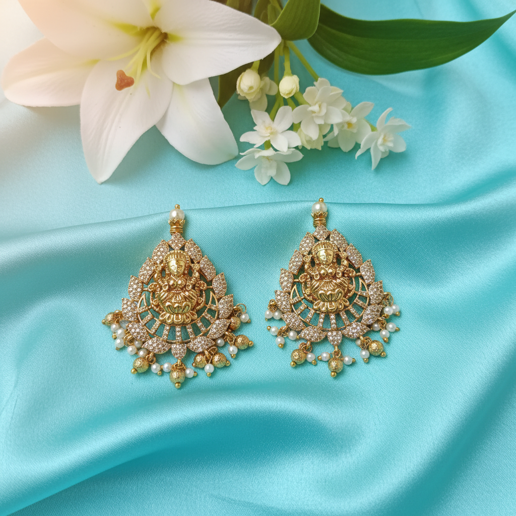Antique Lakshmi Temple Chandbali Earrings – Ruby & Pearl Drop