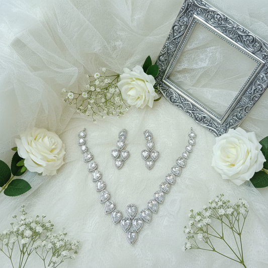 White CZ Teardrop V-Necklace Set with Drop Earrings