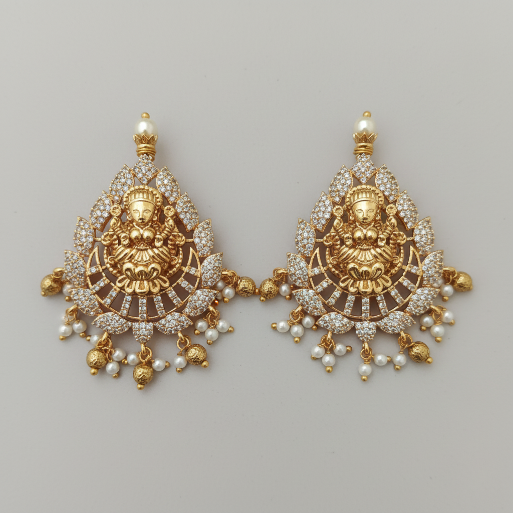 Antique Lakshmi Temple Chandbali Earrings – Ruby & Pearl Drop