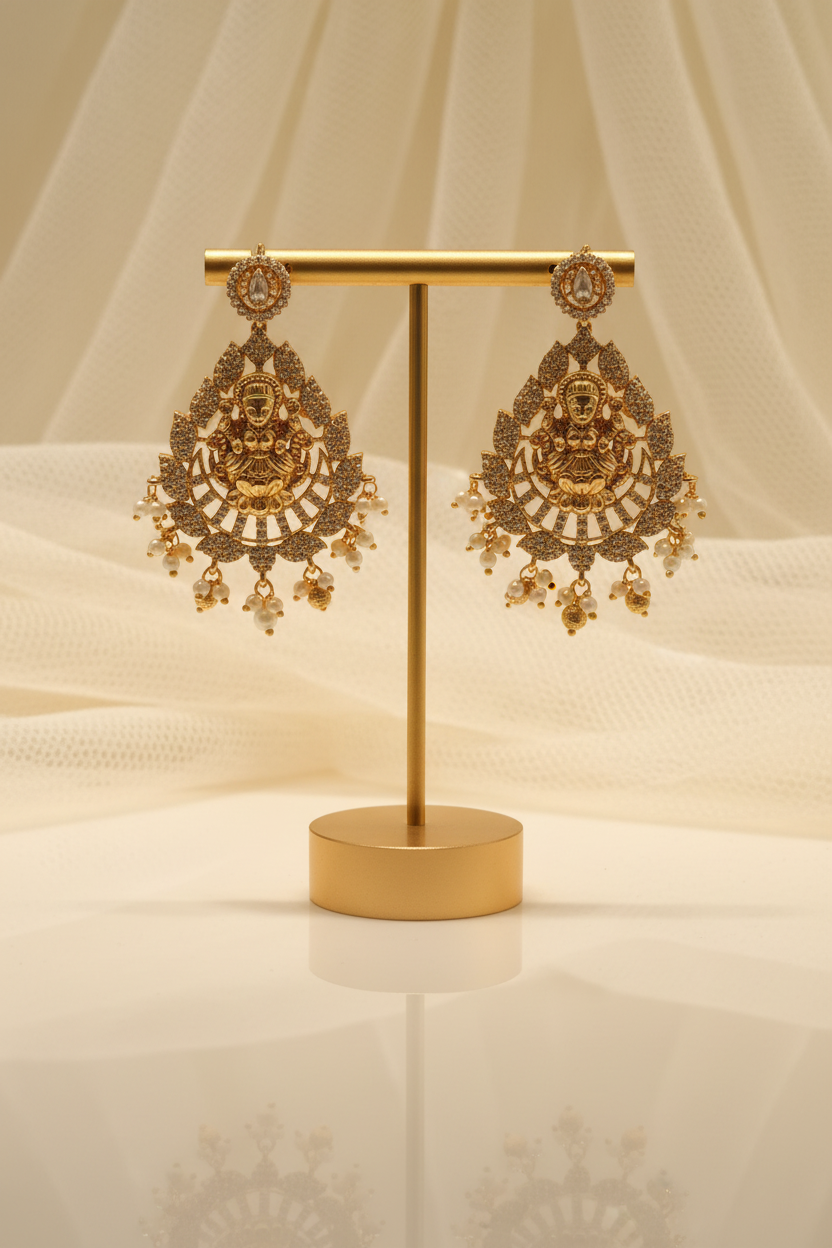 Antique Lakshmi Temple Chandbali Earrings – Ruby & Pearl Drop