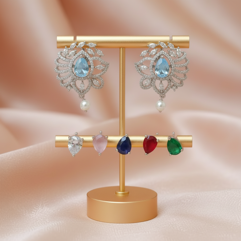 CZ Diamond Changeable Stone Earrings with 5 Interchangeable Gemstone Drops
