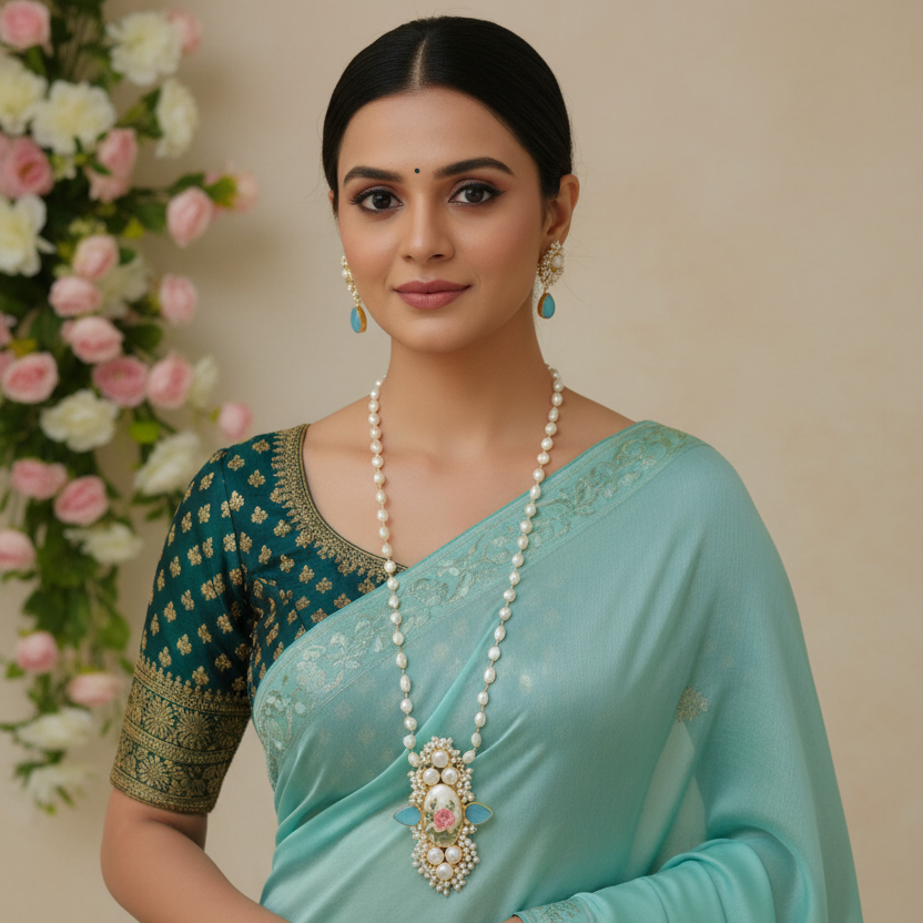 Floral Minakari Pearl Pendant Necklace Set