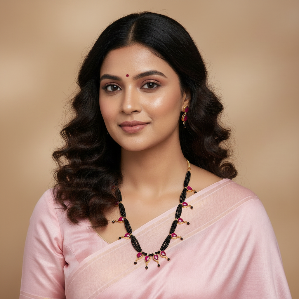 Different model with curly hair in light pink saree