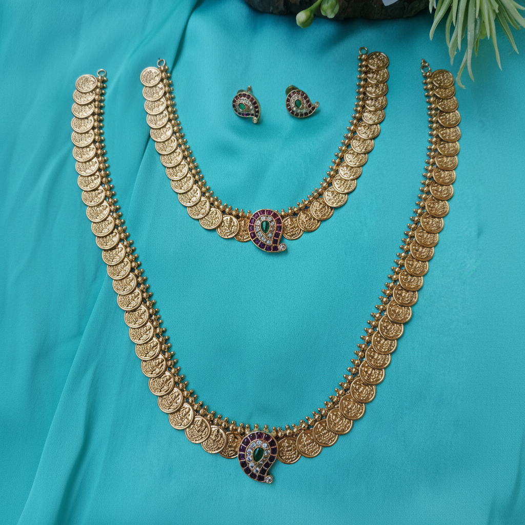 Double Lakshmi Kasu Mala Necklace Set | Short & Long Antique Gold Coin Jewellery