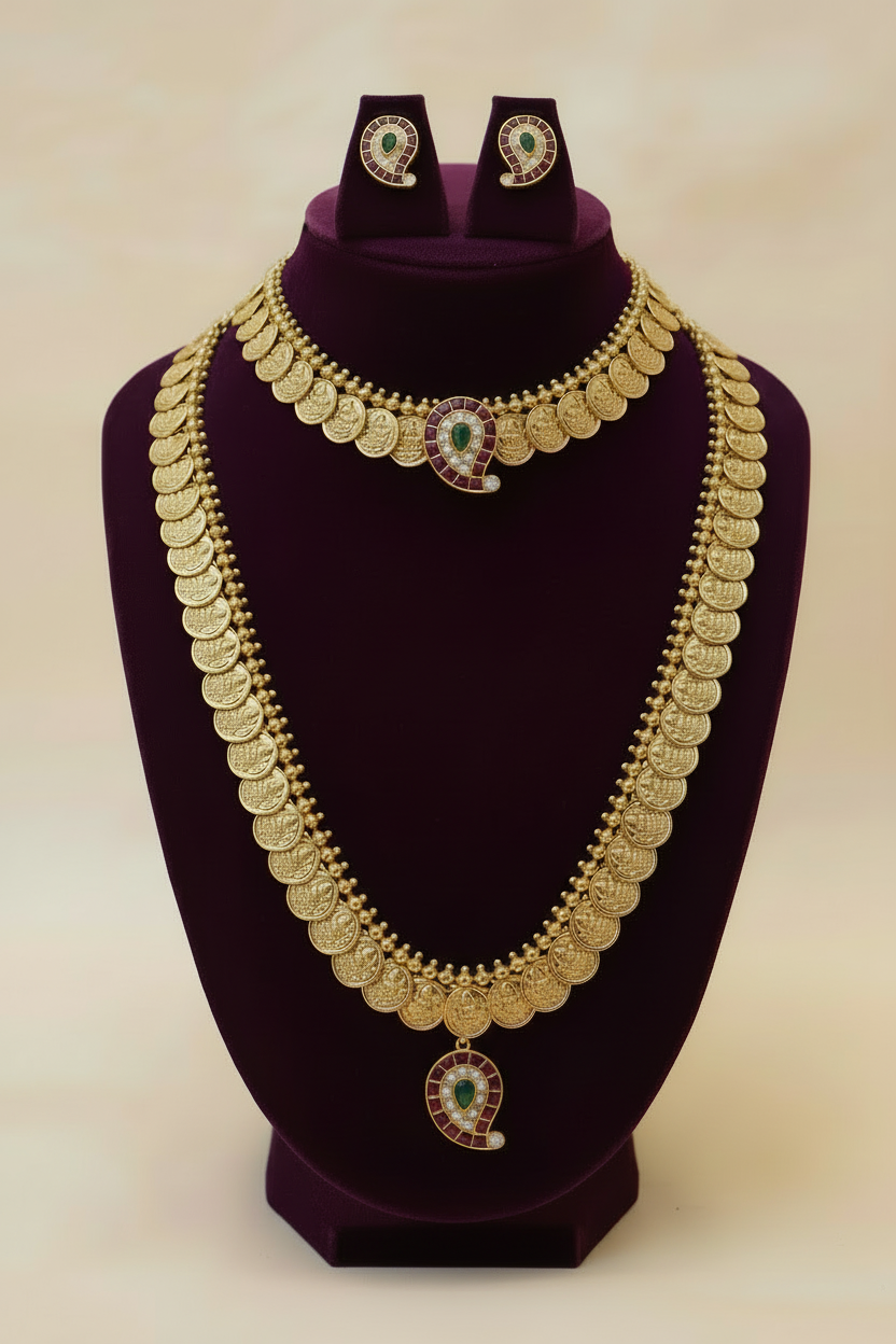 Double Lakshmi Kasu Mala Necklace Set | Short & Long Antique Gold Coin Jewellery