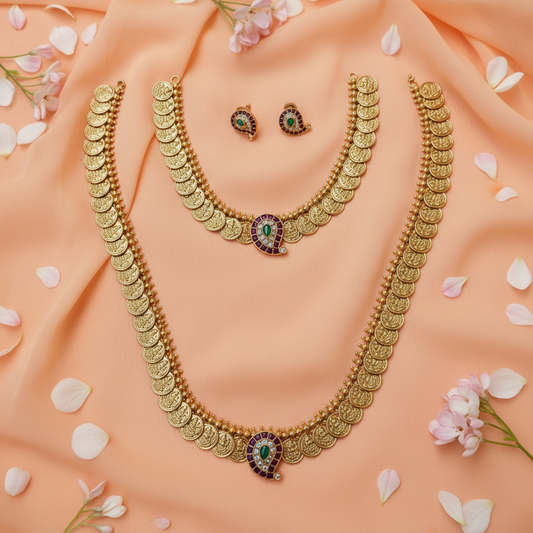 Double Lakshmi Kasu Mala Necklace Set | Short & Long Antique Gold Coin Jewellery