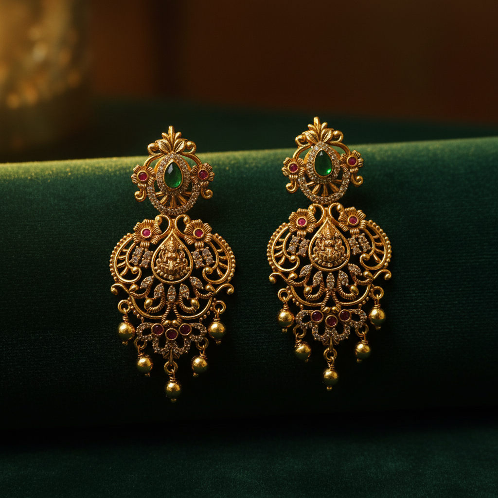Antique Gold Lakshmi Chandbali Earrings – Emerald, Ruby, CZ & Gold Bead Drops