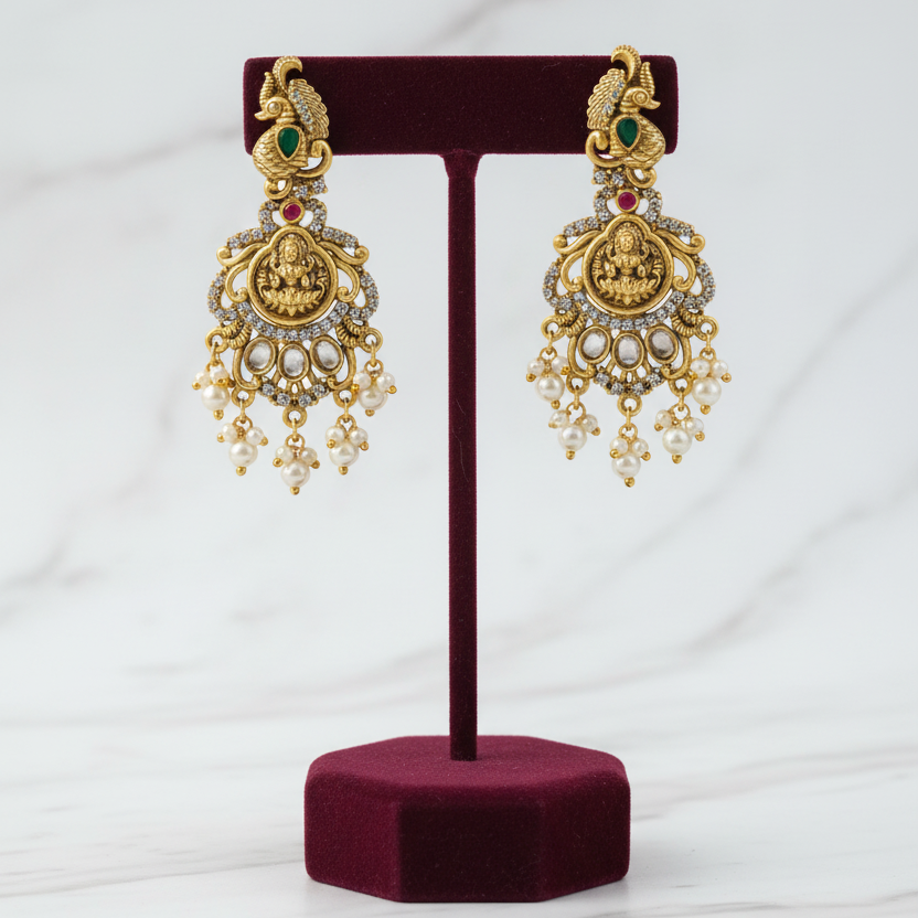 Earrings on burgundy velvet stand