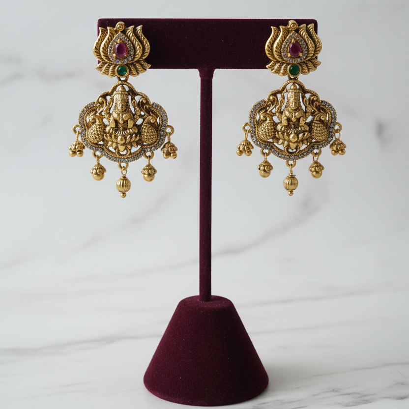 Earrings on burgundy velvet stand