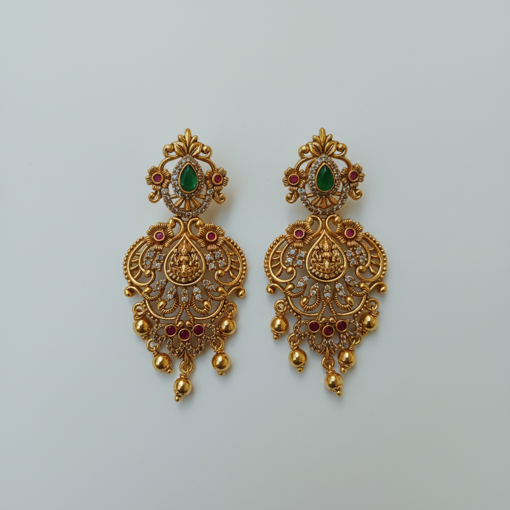 Antique Gold Lakshmi Chandbali Earrings – Emerald, Ruby, CZ & Gold Bead Drops