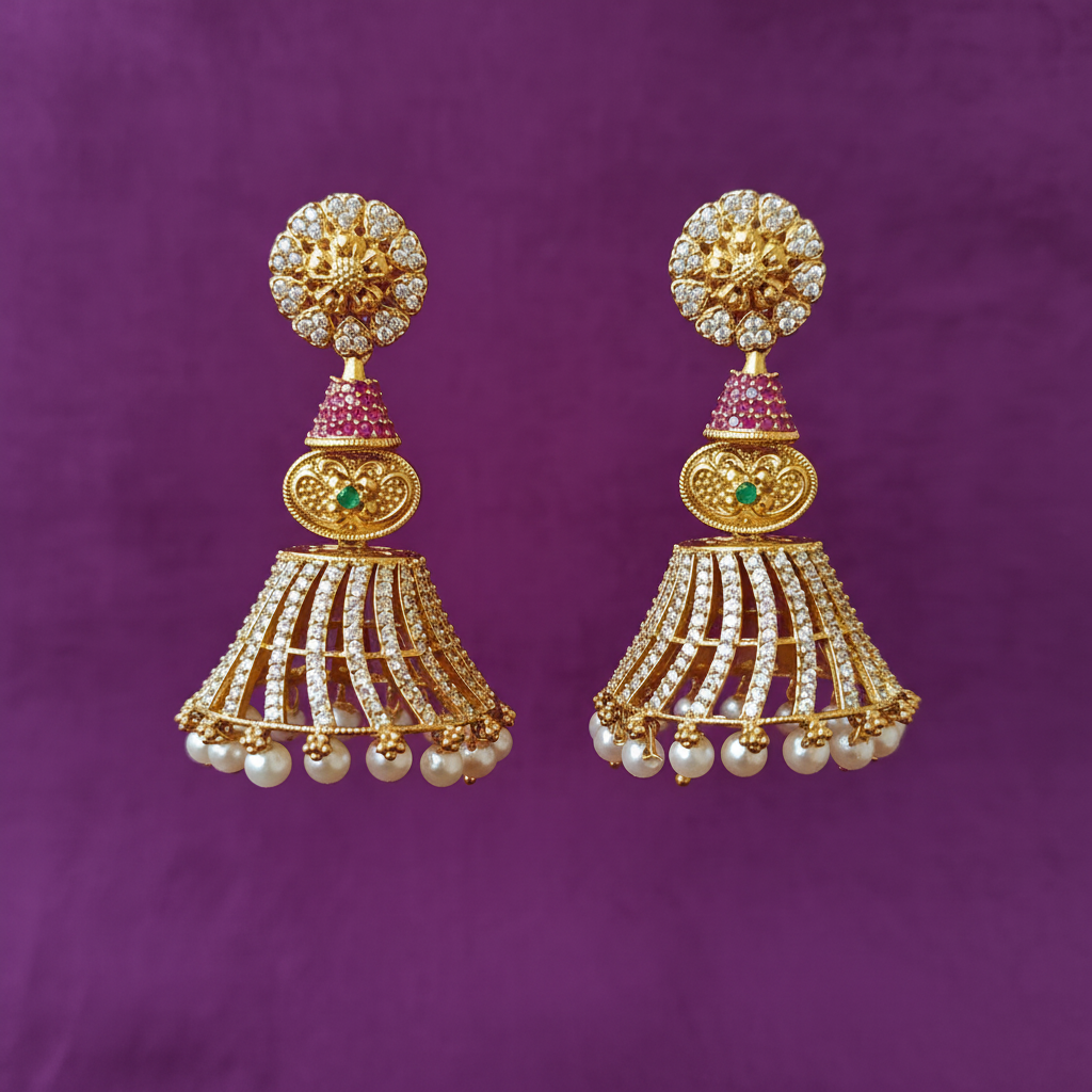 Gold Plated AD Ruby Emerald Jhumka Earrings