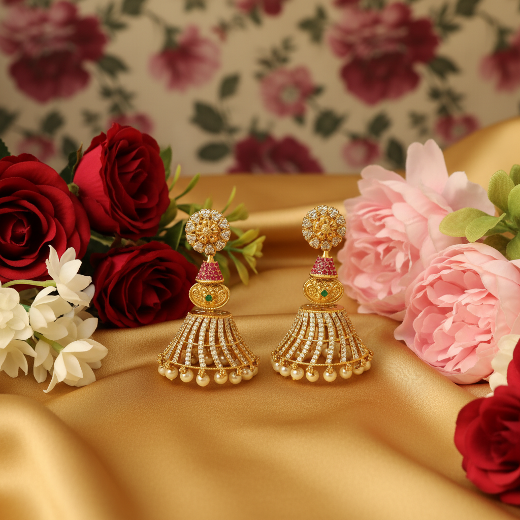 Gold Plated AD Ruby Emerald Jhumka Earrings