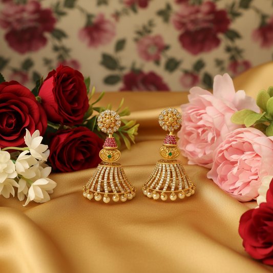 Gold Plated AD Ruby Emerald Jhumka Earrings