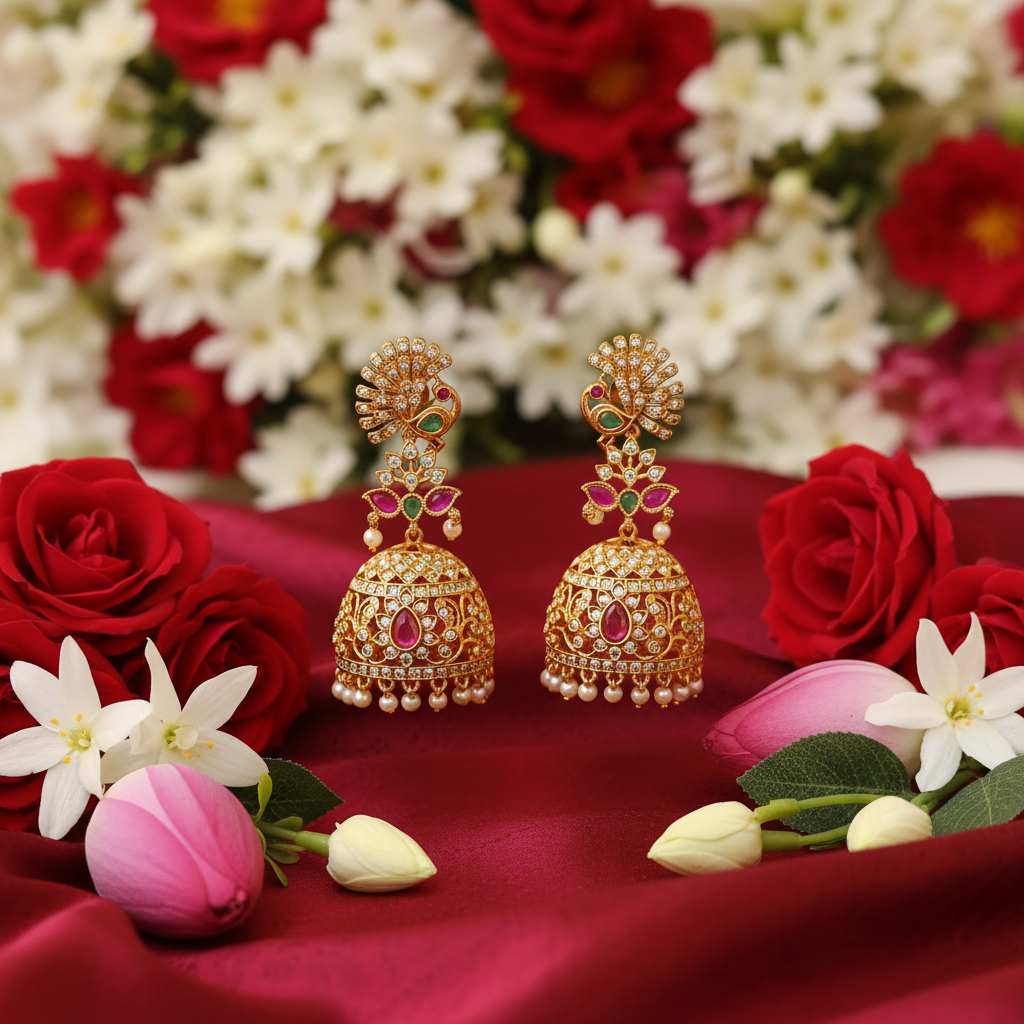 Gold Plated AD Peacock Jhumka Earrings with Ruby Emerald & Pearl Drops