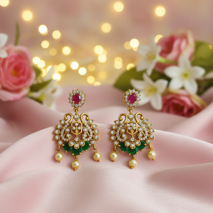 Earrings on silk with floral fairy background