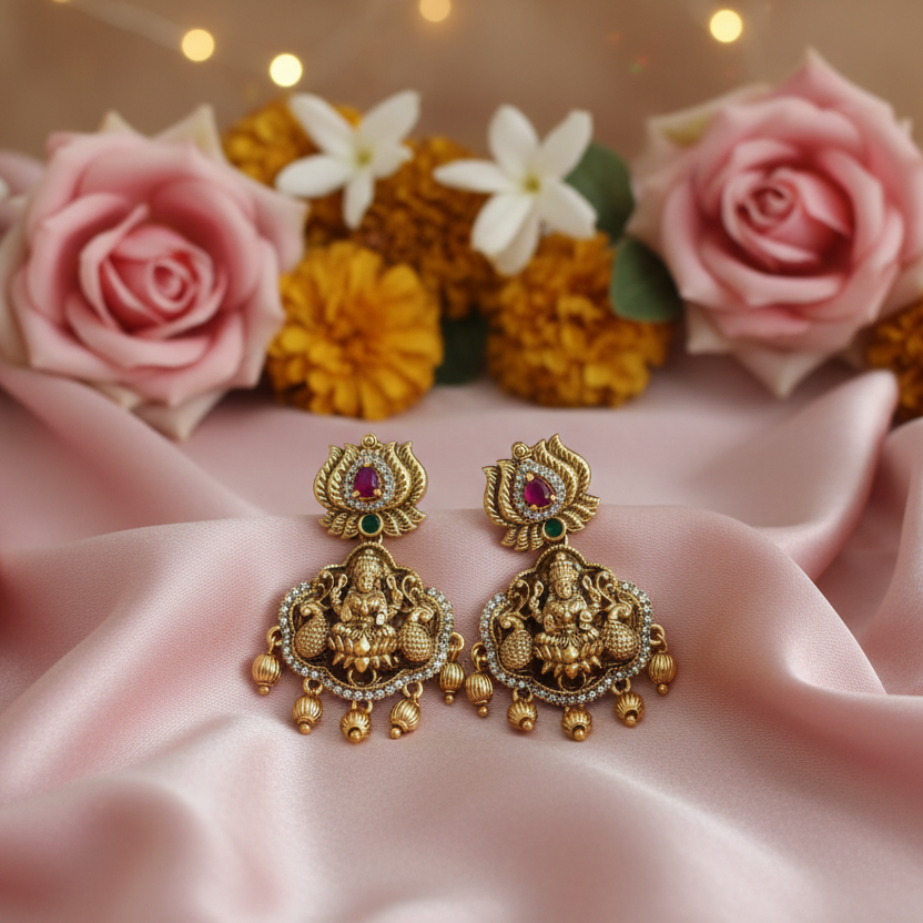 Earrings on silk with floral fairy background