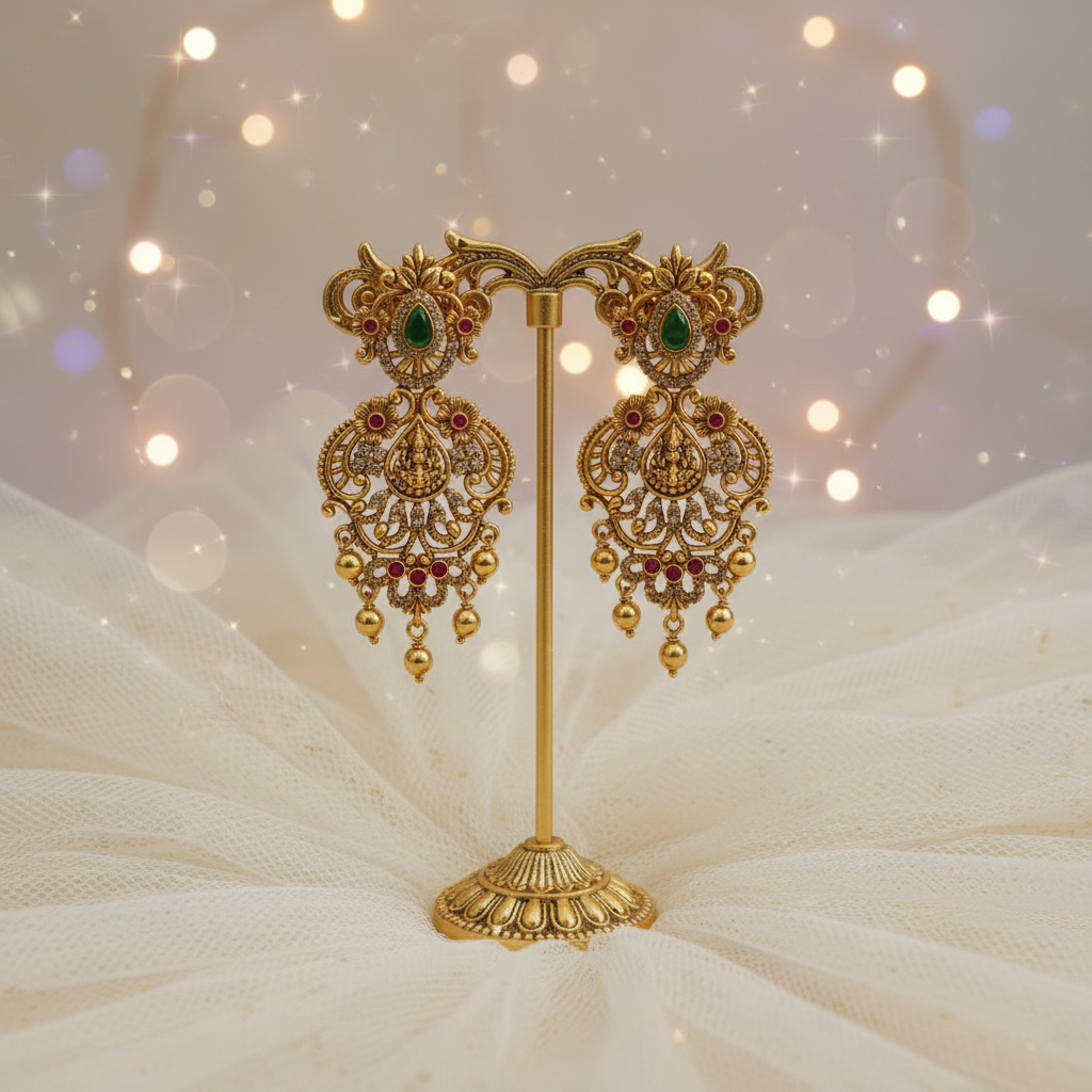 Antique Gold Lakshmi Chandbali Earrings – Emerald, Ruby, CZ & Gold Bead Drops