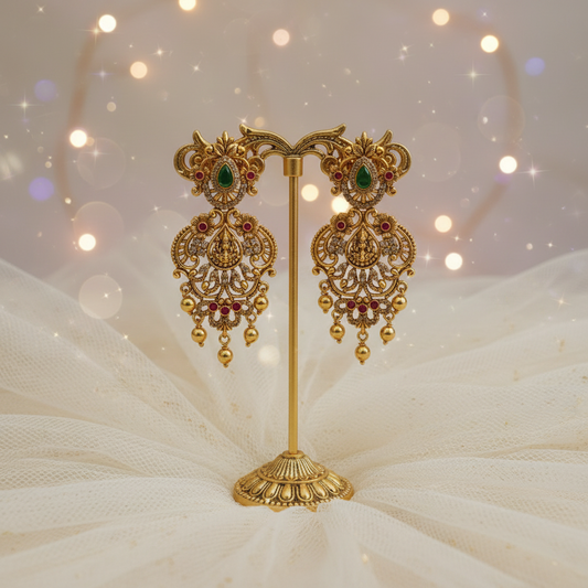 Antique Gold Lakshmi Chandbali Earrings – Emerald, Ruby, CZ & Gold Bead Drops