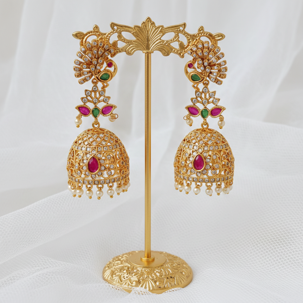 Gold Plated AD Peacock Jhumka Earrings with Ruby Emerald & Pearl Drops