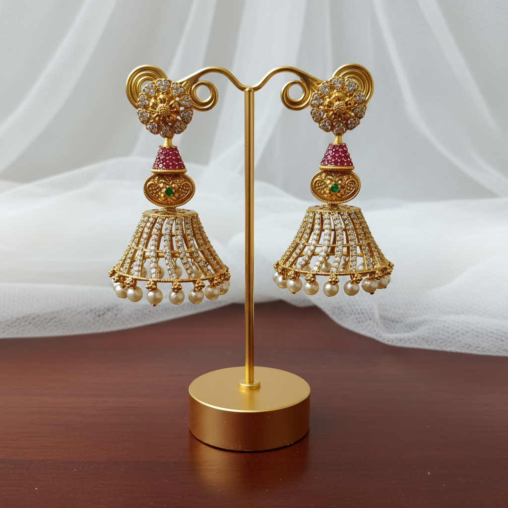 Gold Plated AD Ruby Emerald Jhumka Earrings
