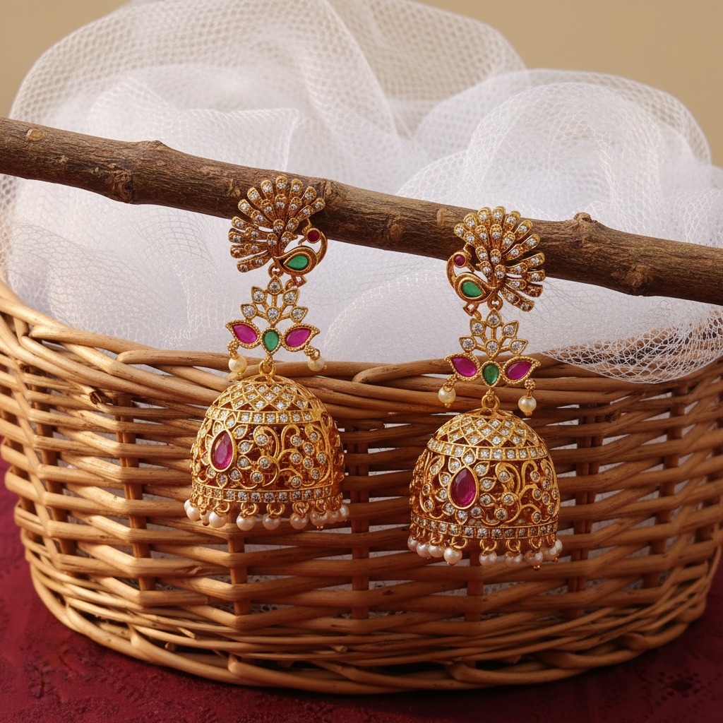 Gold Plated AD Peacock Jhumka Earrings with Ruby Emerald & Pearl Drops