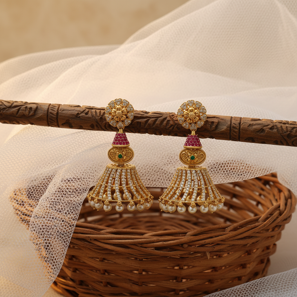 Gold Plated AD Ruby Emerald Jhumka Earrings