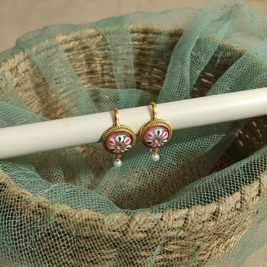 Pink Meenakari Hoop Earrings with Pearl Drops