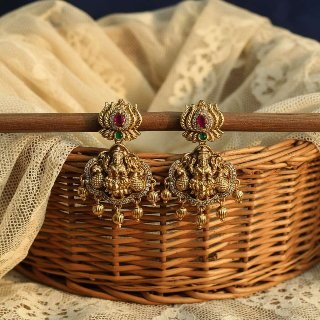 Earrings on wooden stick with basket and net cloth