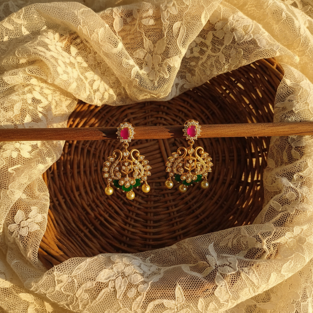 Earrings on wooden stick with basket and net cloth