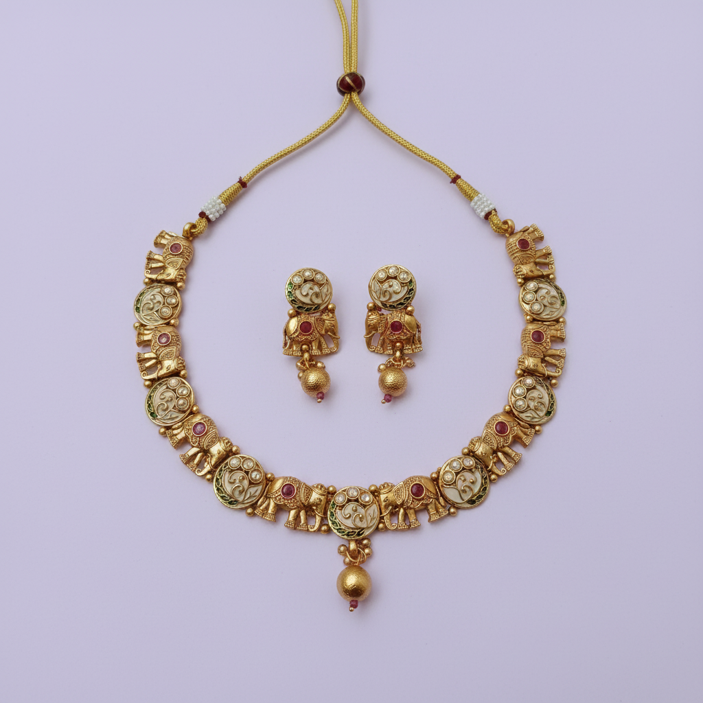 Antique Gold Elephant & Om Medallion Necklace & Earring Set with Ruby Accents