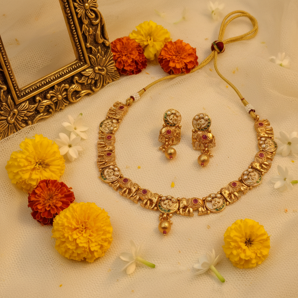 Antique Gold Elephant & Om Medallion Necklace & Earring Set with Ruby Accents