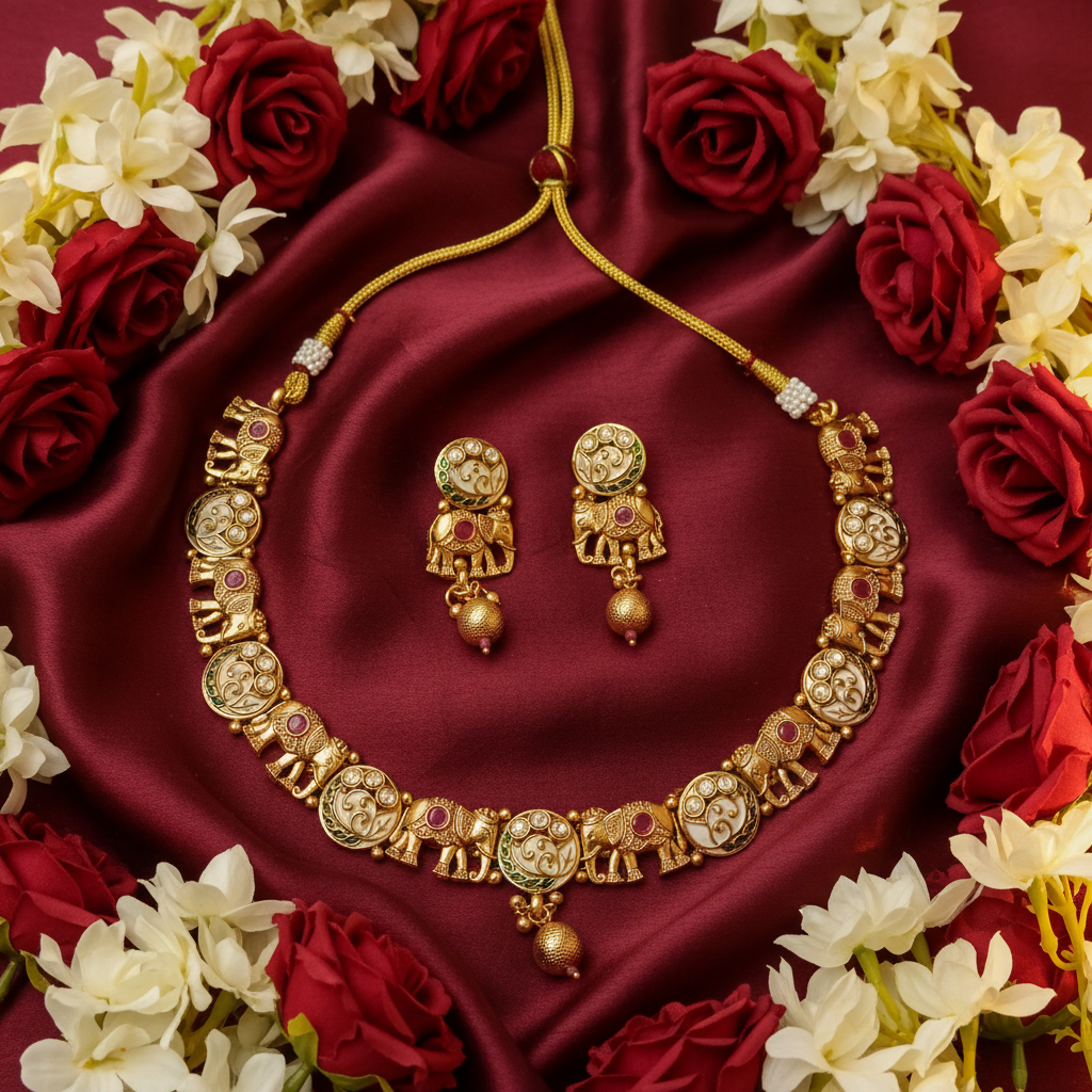 Antique Gold Elephant & Om Medallion Necklace & Earring Set with Ruby Accents